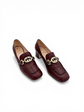 Gucci Zumi Interlocking GG Loafer Pumps EU 37 US 7 Bordeaux Burgundy Block Heel